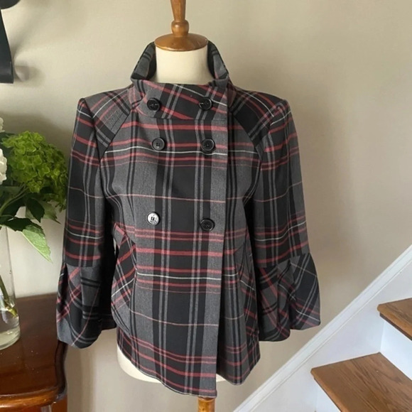 Zara Tartan Plaid Bell Sleeve Swing Coat Jacket M - Picture 1 of 5